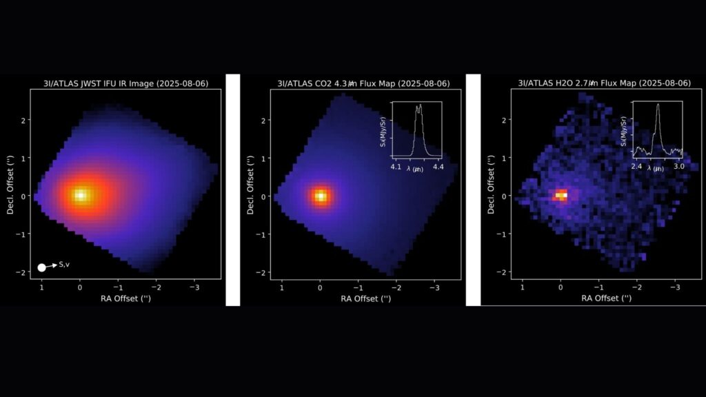 Em 6 de agosto, o cometa interestelar 3I/ATLAS foi analisado pelo Telescópio Espacial James Webb da NASA, utilizando o instrumento Espectrógrafo de Infravermelho Próximo.  (Crédito da imagem:  NASA/Telescópio Espacial James Webb)