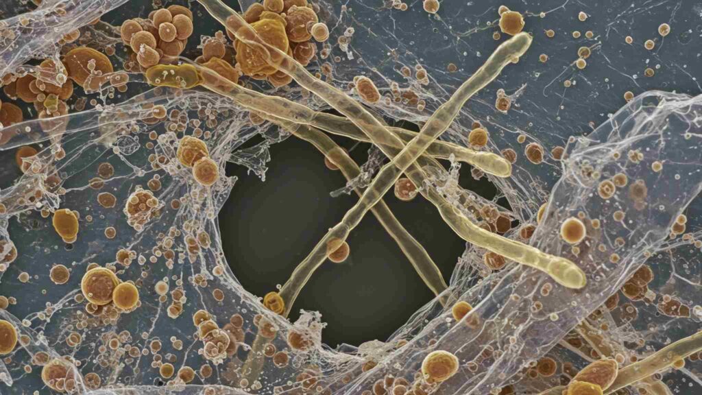 Hifas e esporos de fungos por microscopia eletrônica de varredura (MEV), colorida digitalmente. (Imagem: Stock Dignity/ Canva Pro)