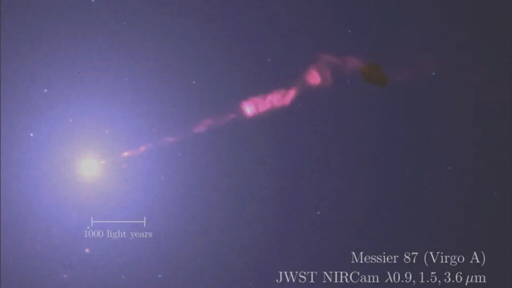 Detalhes inéditos do jato de M87* capturados pelo James Webb. (Röder J et al (2025), Astronomy & Astrophysics 701: L12. https://doi.org/10.1051/0004-6361/202556577. Licenciado sob CC BY 4.0)