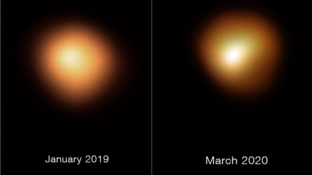 Imagens de Betelgeuse obtidas em janeiro de 2019 e Março de 2020, destacando as mudanças na forma e no brilho. (Crédito: ESO/M. Montargès et al.)