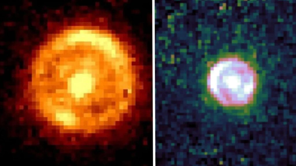 O sistema B1938+666 foi identificado ainda nos anos 1990. As primeiras imagens do anel de Einstein foram registradas por observações do Telescópio Espacial Hubble (esquerda) e, posteriormente, pela pesquisa Pan-STARRS (direita). (Crédito da imagem: Esquerda: NASA/HST/NICMOS, Direita: Pan-STARRS/F160W)