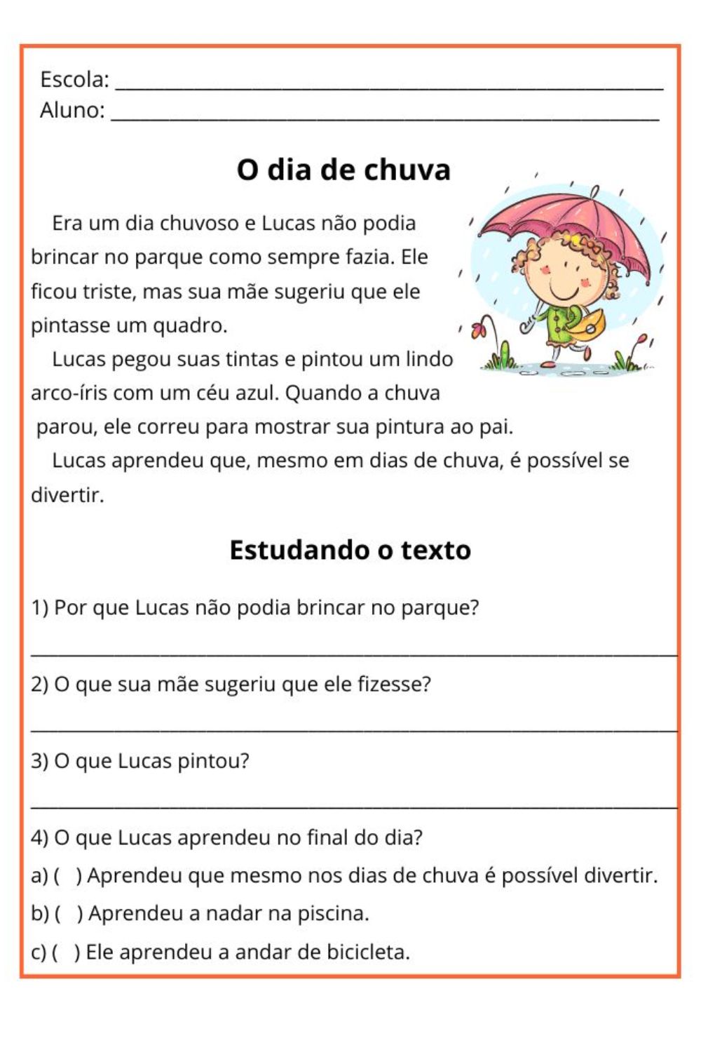 Atividades de português 4º ano de interpretação de texto e gramática