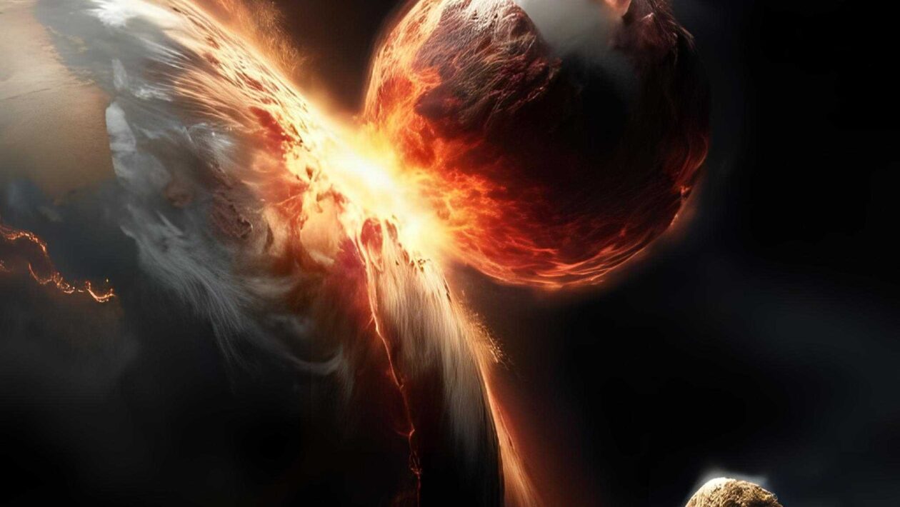 Ilustração artística da colisão da Theia com a Terra (Crédito da imagem: Canva Pro/ Gerada com IA)
