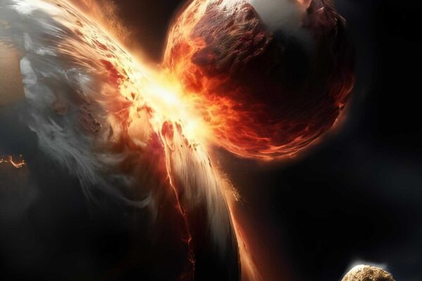 Ilustração artística da colisão da Theia com a Terra (Crédito da imagem: Canva Pro/ Gerada com IA)