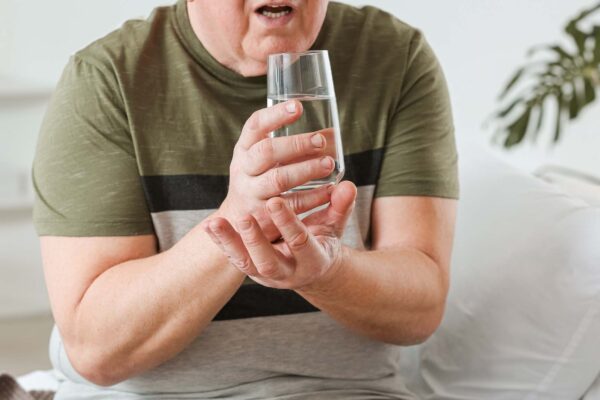 Idoso segurando copo com mal de Parkinson (Crédito da imagem: Pixelshot/ Canva Pro)