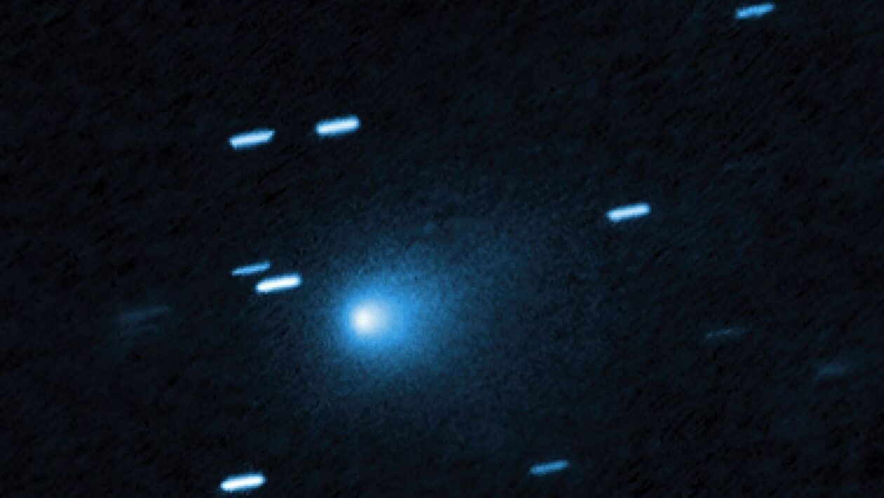 O cometa 3I/ATLAS fotografado pelo Hubble mostra seu núcleo e casulo de poeira, com estrelas de fundo riscadas pelo rastreamento. (Crédito da Imagem: NASA, ESA, David Jewitt (UCLA); Image Processing: Joseph DePasquale (STScI).)