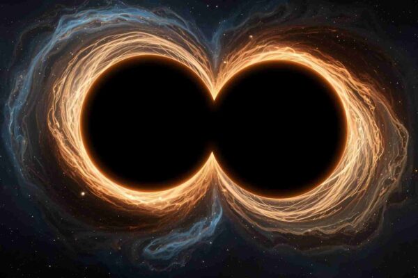 Binários de buracos negros revelam segredos da fusão galáctica (Crédito: Canva Pro/ Gerada por IA)