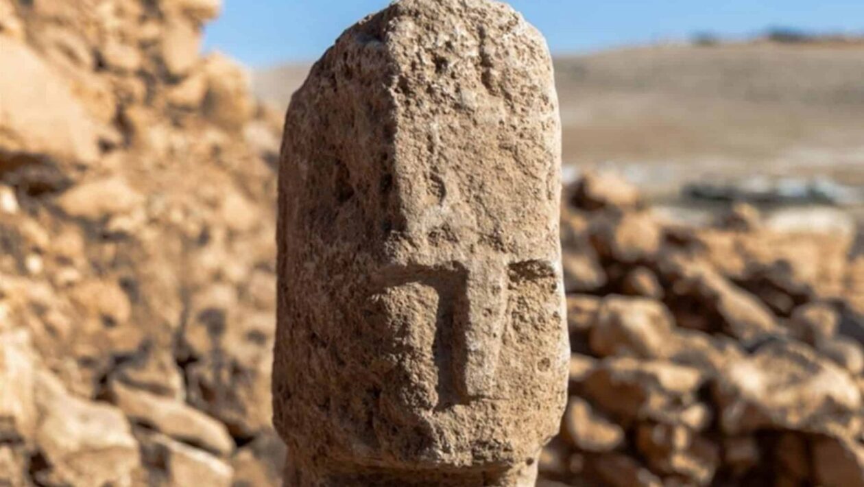 Rosto humano esculpido em pedra há 12 mil anos. (Foto: Reprodução / Ministério da Cultura e Turismo da Turquia)