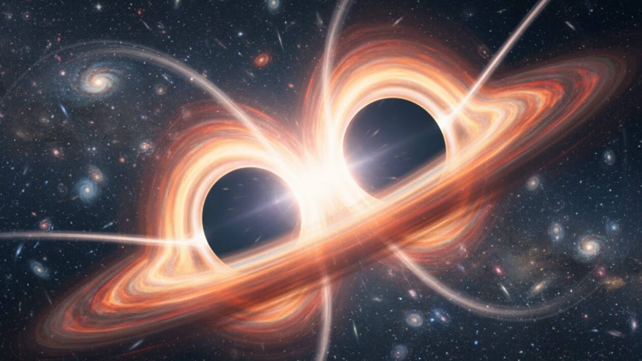 Dois buracos negros recém-formados emitem ondas gravitacionais inéditas (Imagem: Gerada por IA/ Gemini)