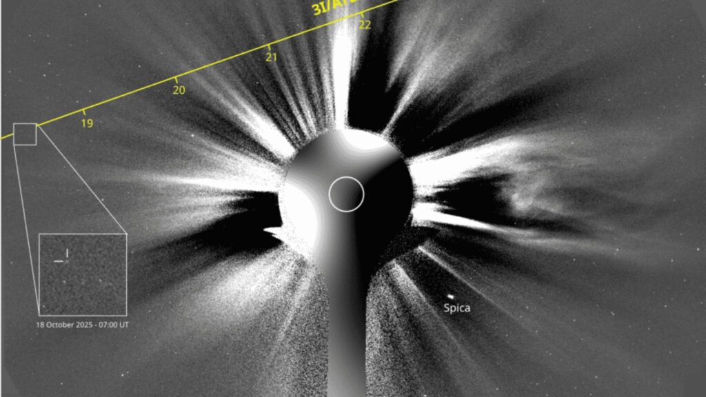 Visitante interestelar passa próximo do Sol antes de seguir ao espaço (Imagem: CCOR-1/GOES-19/NOAA Processamento: Worachate Boonplod)