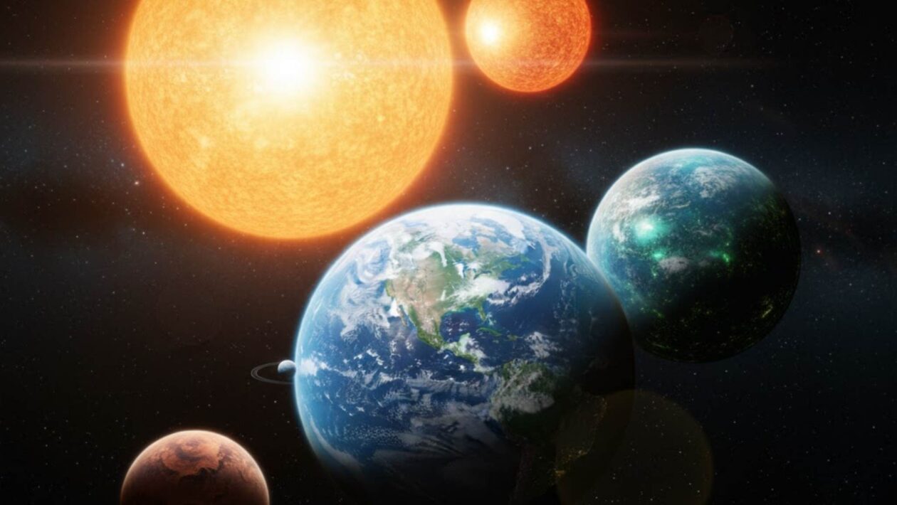 Três mundos rochosos orbitam estrelas gêmeas em harmonia cósmica (Imagem: Gerada por IA/ Gemini)