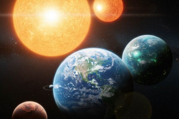 Três mundos rochosos orbitam estrelas gêmeas em harmonia cósmica (Imagem: Gerada por IA/ Gemini)