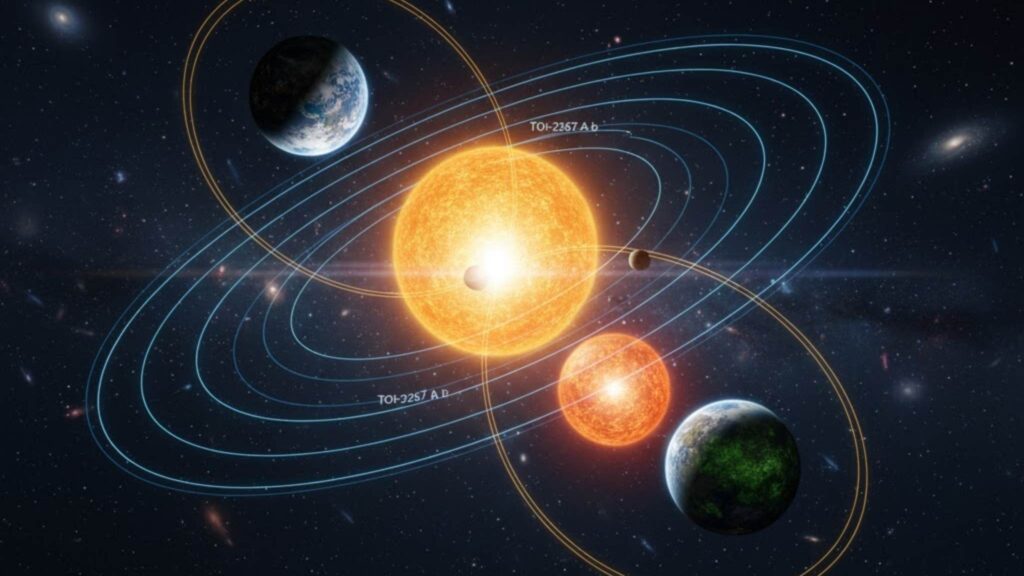 Duas estrelas, três planetas: um novo enigma do universo (Imagem: Gerada por IA/ Gemini)
