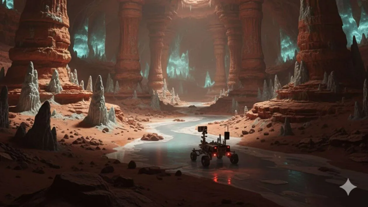 Cavernas em Marte podem abrigar vida ou servir como abrigo natural. (Imagem: Gerada por IA/ Gemini)
