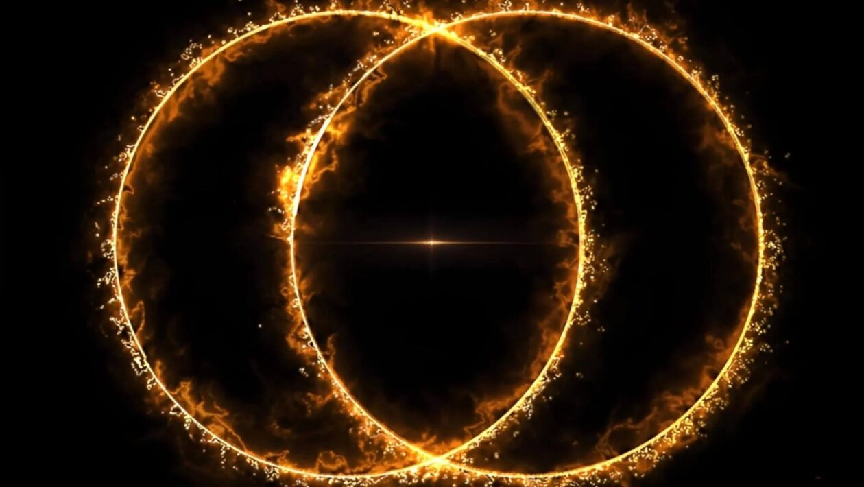 Descoberto raro círculo de rádio duplo a bilhões de anos-luz. (Imagem: RAD@home Astronomy Collaboratory)