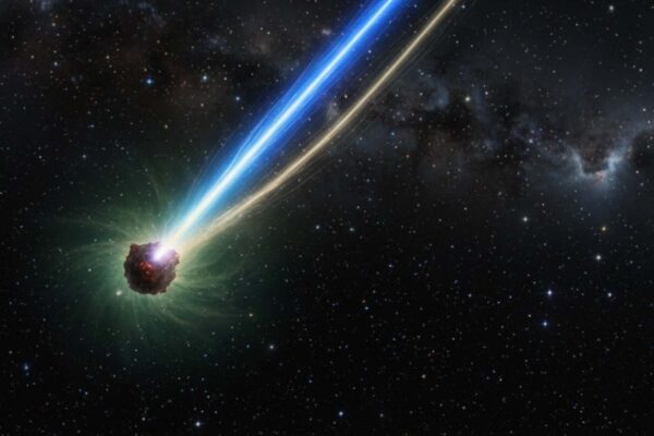 Cometa 3I/ATLAS exibe cauda iônica gigante e brilho intenso no céu. (Imagem: Gerada por IA/ Gemini)