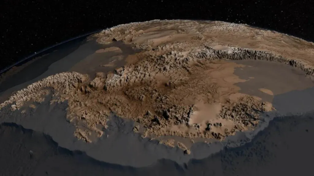 A topografia escondida sob a camada de gelo da Antártida é revelada pelos dados Bedmap2 (Imagem: NASA's Goddard Space Flight Center)