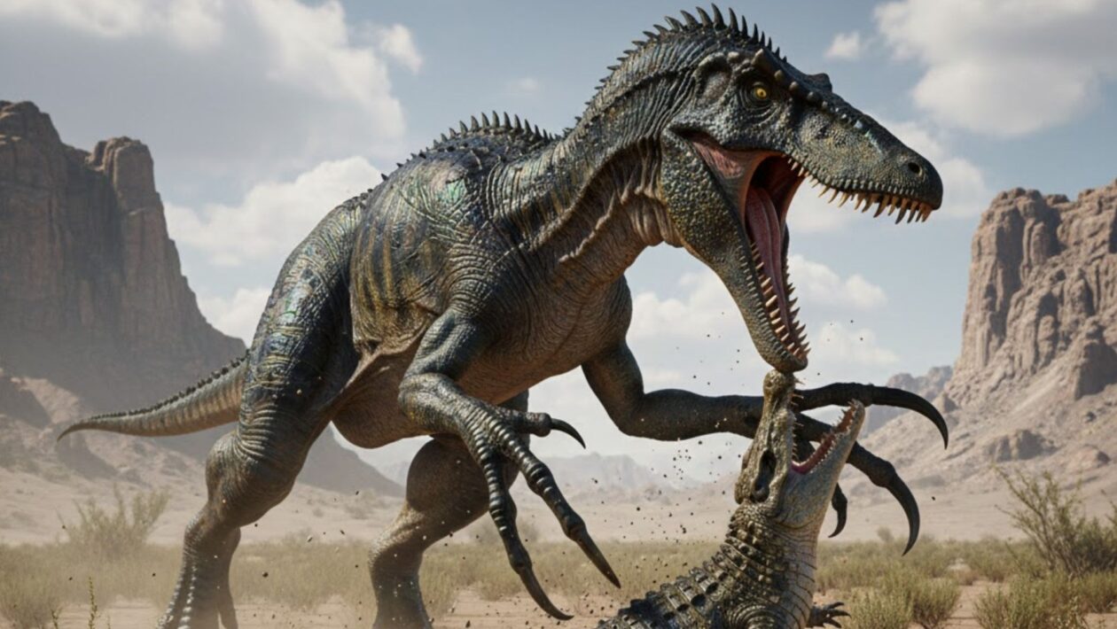 Dinossauro fossilizado devorava crocodilo pré-histórico. (Foto: Gerada por IA via Gemini)