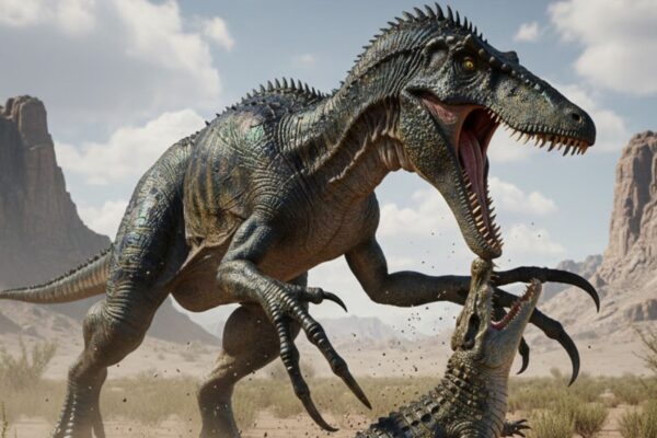 Dinossauro fossilizado devorava crocodilo pré-histórico. (Foto: Gerada por IA via Gemini)