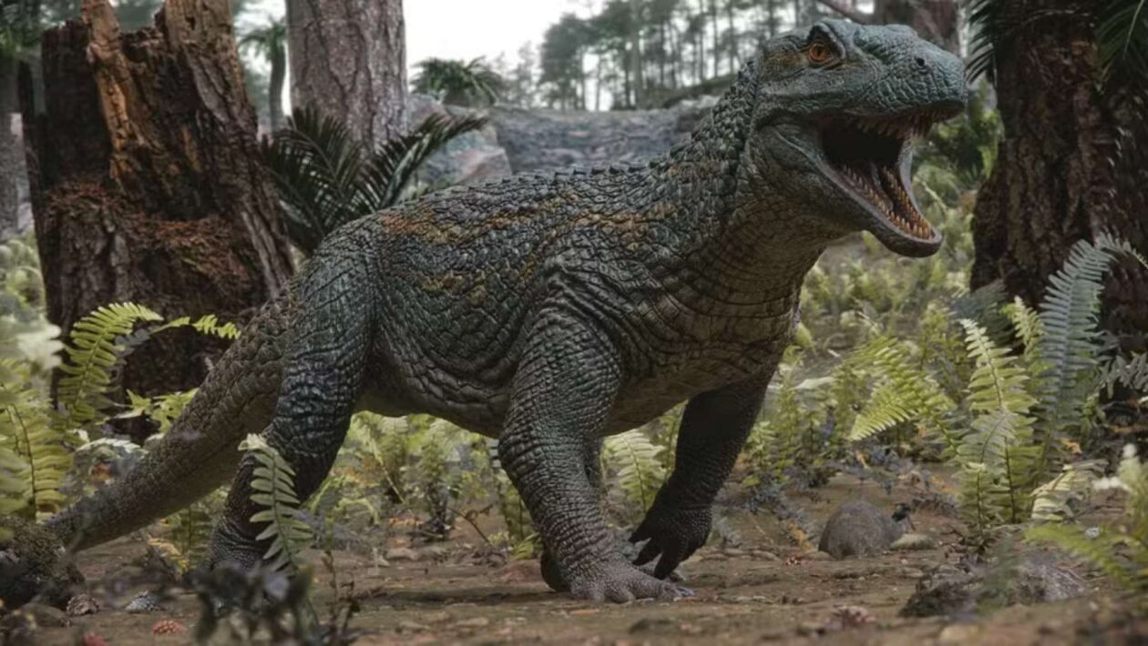 Réptil blindado do Triássico revela ancestrais dos crocodilos modernos. (Imagem: Reprodução/ Arte UFSM)