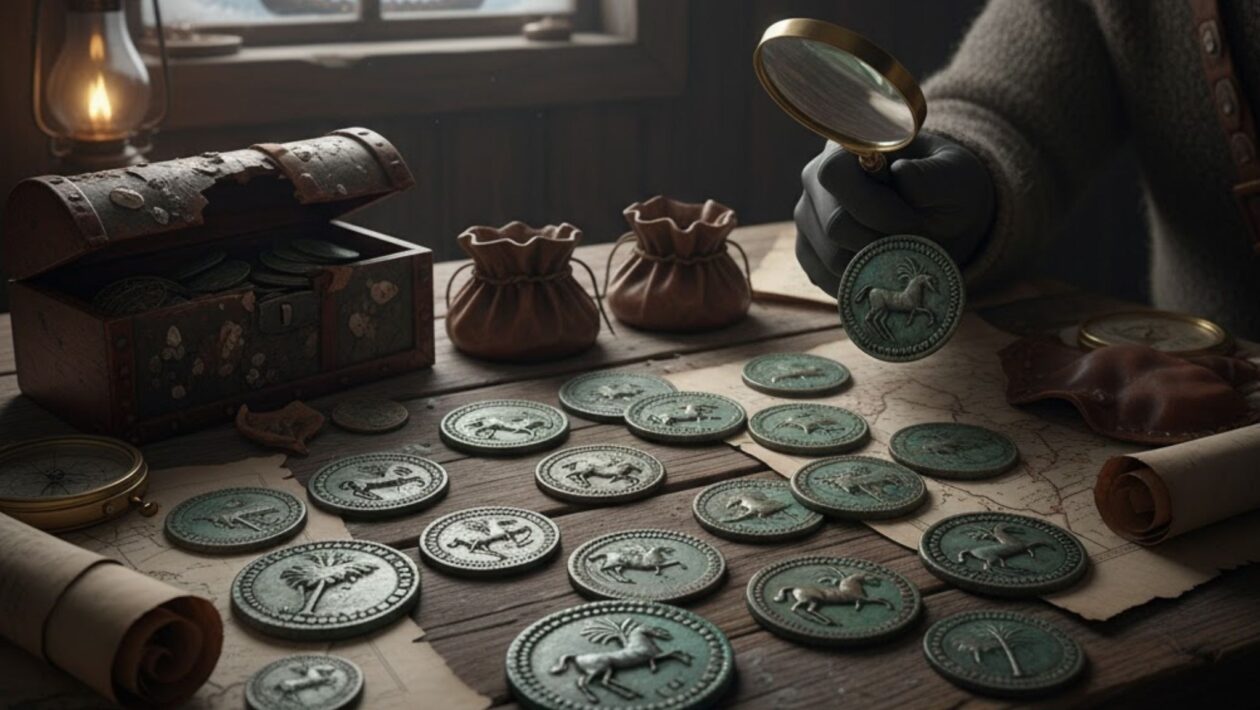 Moedas púnicas de Cartago revelam comércio antigo no Mediterrâneo. (Foto: Gerada por IA via Gemini)