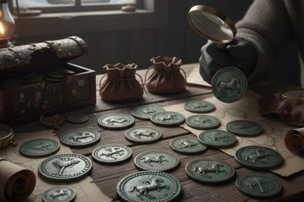 Moedas púnicas de Cartago revelam comércio antigo no Mediterrâneo. (Foto: Gerada por IA via Gemini)