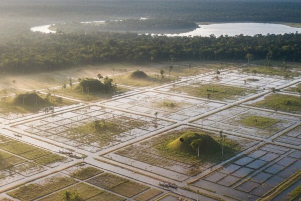 Campos elevados e canais mostram domínio sobre a natureza. (Foto: Gerada por IA via Gemini)