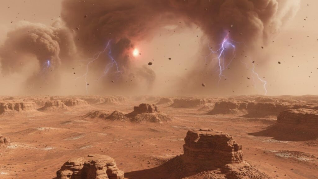Descargas elétricas em tempestades de poeira revelam Marte ativo (Imagem: Gerada por IA/ Gemini)