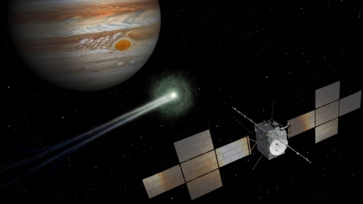 Sonda JUICE observa cometa interestelar 3I/ATLAS pelo Sistema Solar (Imagem: Gerada por IA/ Gemini)
