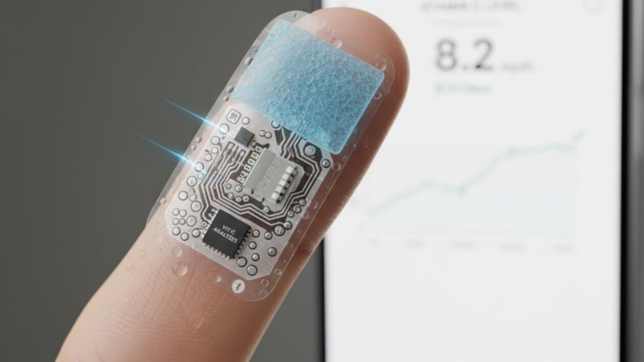 Protótipo de adesivo monitora vitamina C pelo suor. (Foto: Gerada por IA via Gemini)