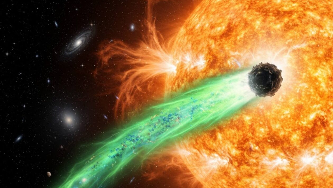 Nova imagem revela cauda e coma do cometa interestelar 3I/ATLAS. (Imagem: Gerada por IA/ Gemini)