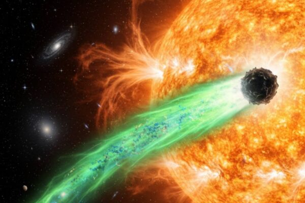 Nova imagem revela cauda e coma do cometa interestelar 3I/ATLAS. (Imagem: Gerada por IA/ Gemini)