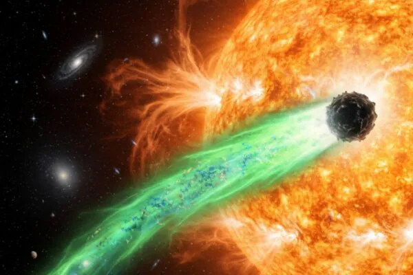 Nova imagem revela cauda e coma do cometa interestelar 3I/ATLAS. (Imagem: Gerada por IA/ Gemini)