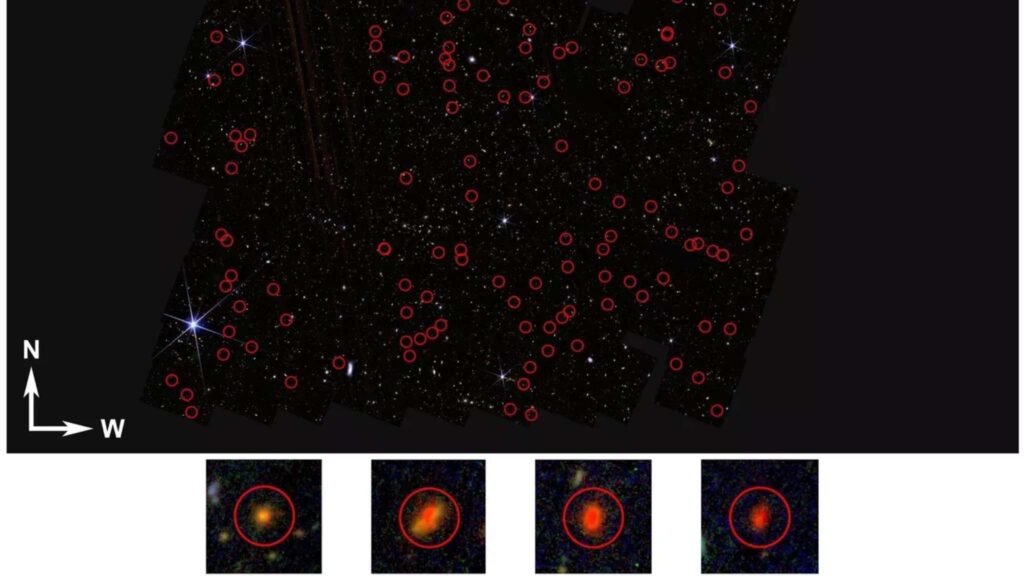 Pequenos pontos vermelhos indicam buracos negros primordiais no universo (Imagem: Bangzheng "Tom" Sun/Universidade of Missouri)
