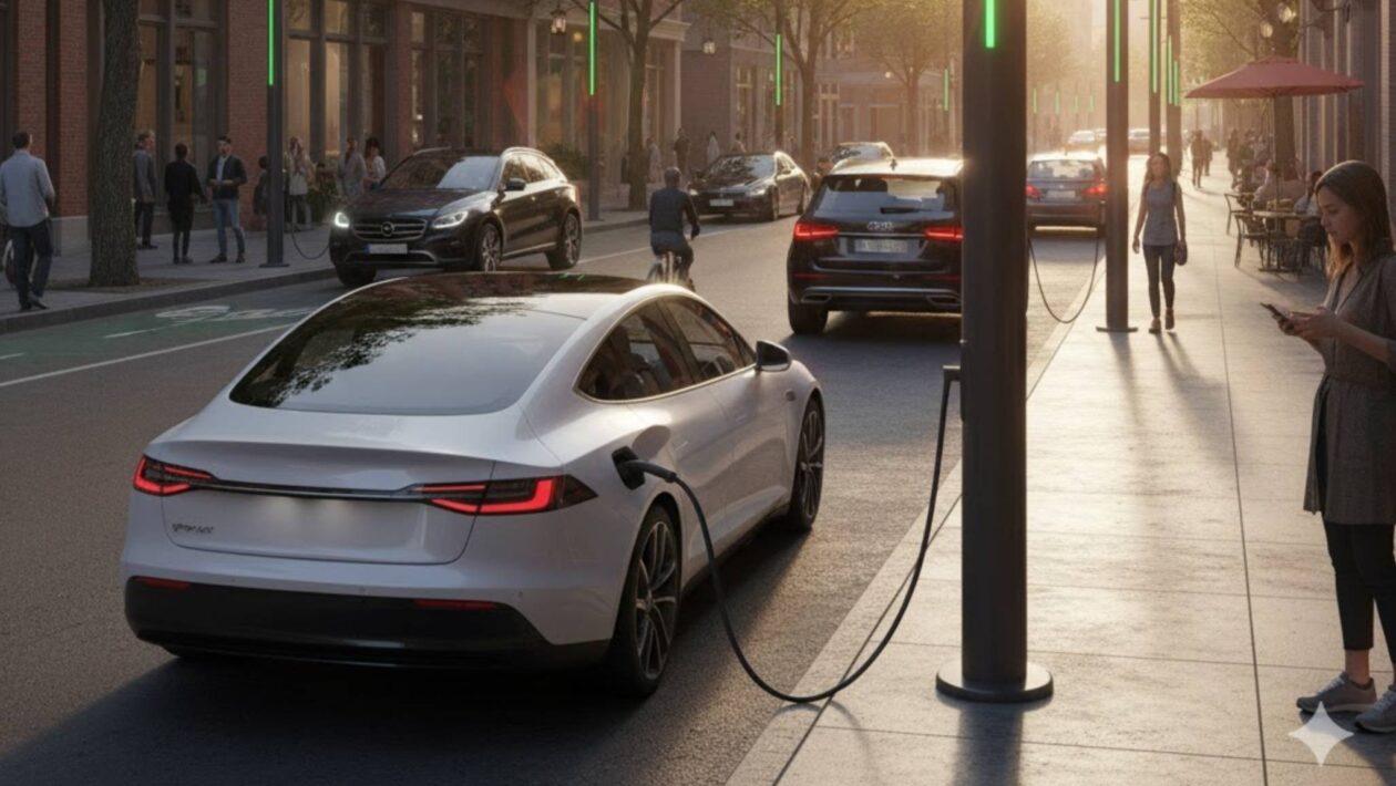 Postes de luz viram estações rápidas e sustentáveis para EVs (Imagem: Gerada por IA/ Gemini)