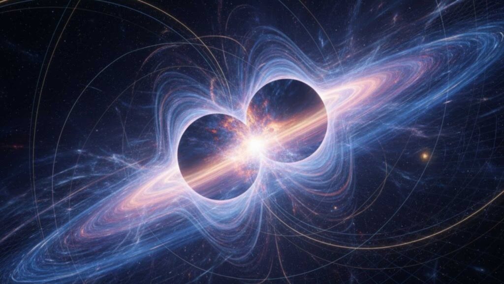 Eco no espaço-tempo revela detalhes ocultos após fusões cósmicas. (Imagem: Gerada por IA/ Gemini)