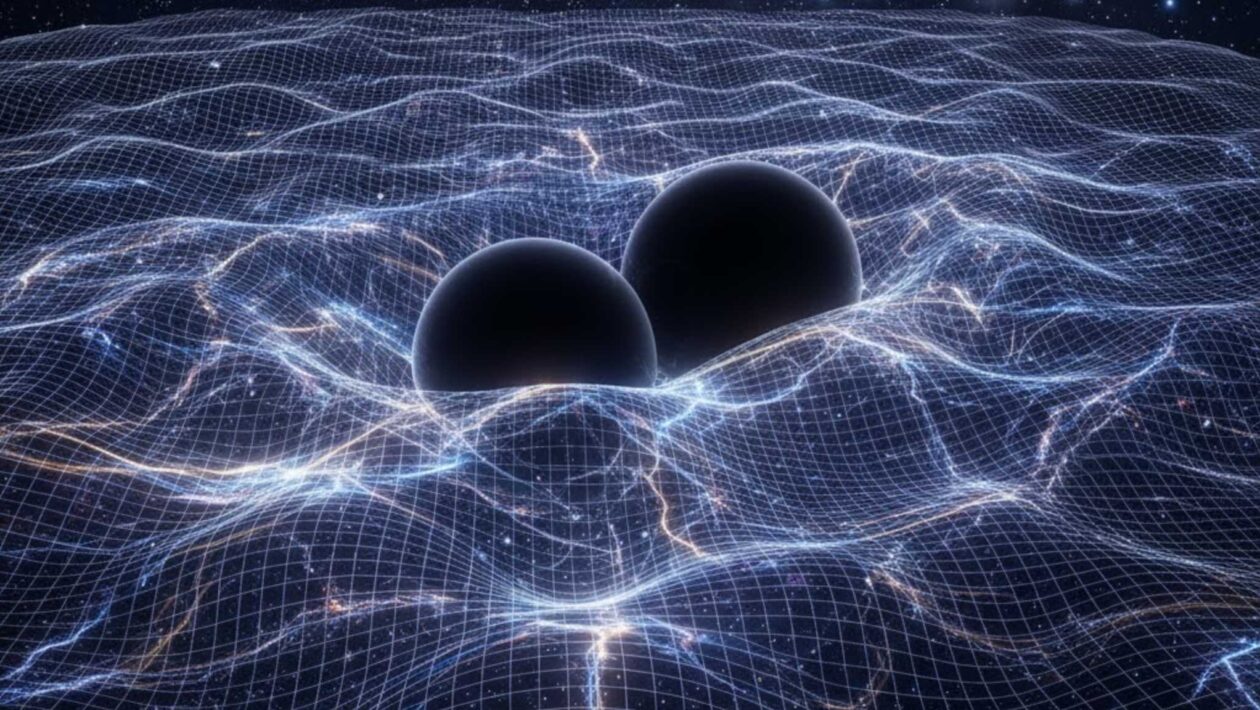 Fusões de buracos negros podem deixar caudas gravitacionais detectáveis. (Imagem: Gerada por IA/ Gemini)