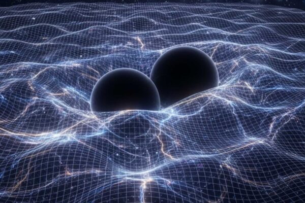 Fusões de buracos negros podem deixar caudas gravitacionais detectáveis. (Imagem: Gerada por IA/ Gemini)