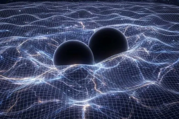 Fusões de buracos negros podem deixar caudas gravitacionais detectáveis. (Imagem: Gerada por IA/ Gemini)