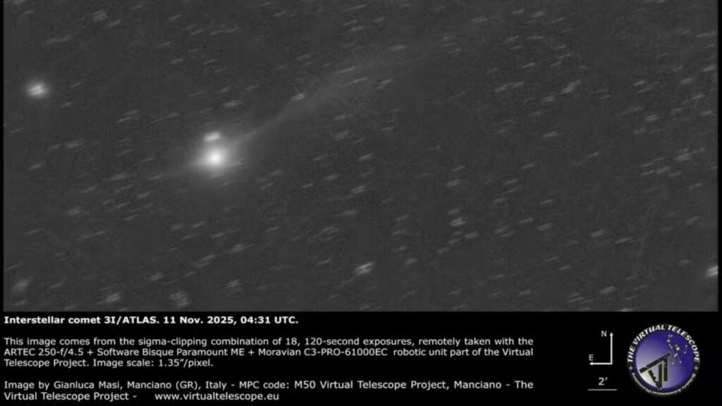 Visitante interestelar impressiona astrônomos com atividade crescente (Imagem: The Virtual Telescope Project/Gianluca Mais)