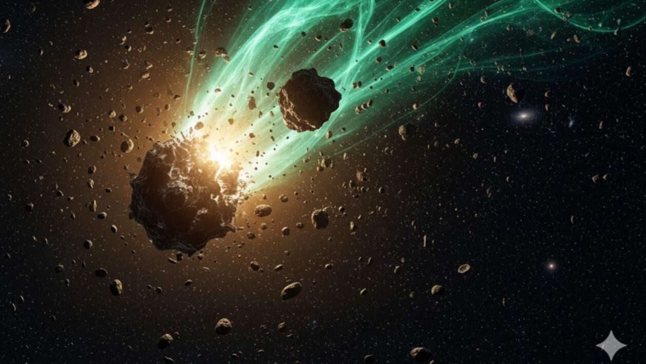 Cometa ATLAS se fragmenta em espetáculo dourado no espaço (Imagem: Gerada por IA/ Gemini)