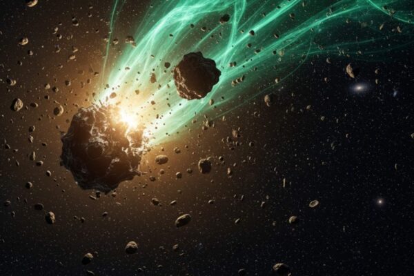 Cometa ATLAS se fragmenta em espetáculo dourado no espaço (Imagem: Gerada por IA/ Gemini)
