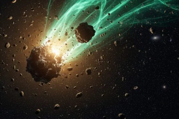 Cometa ATLAS se fragmenta em espetáculo dourado no espaço (Imagem: Gerada por IA/ Gemini)