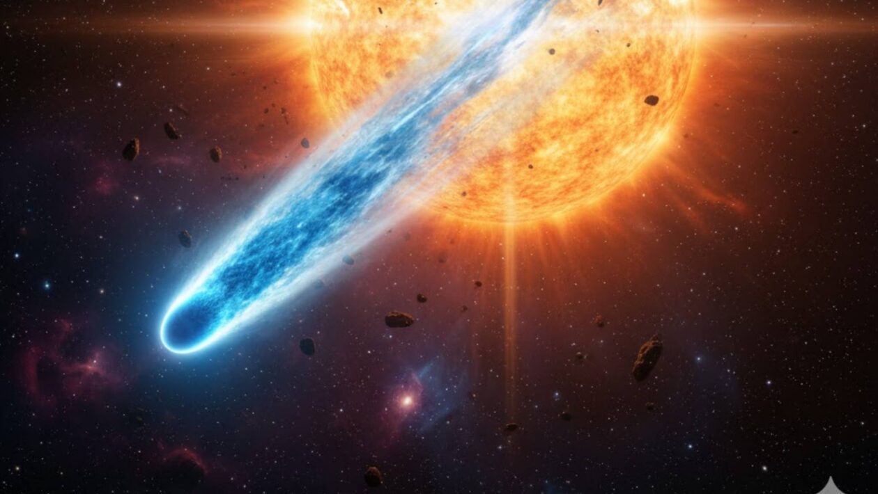 Cometa 3I/ATLAS exibe brilho azul intenso durante aproximação do Sol (Imagem: Gerada por IA/ Gemini)
