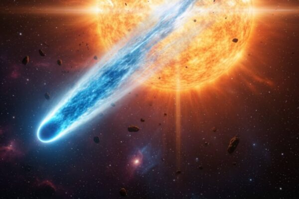 Cometa 3I/ATLAS exibe brilho azul intenso durante aproximação do Sol (Imagem: Gerada por IA/ Gemini)