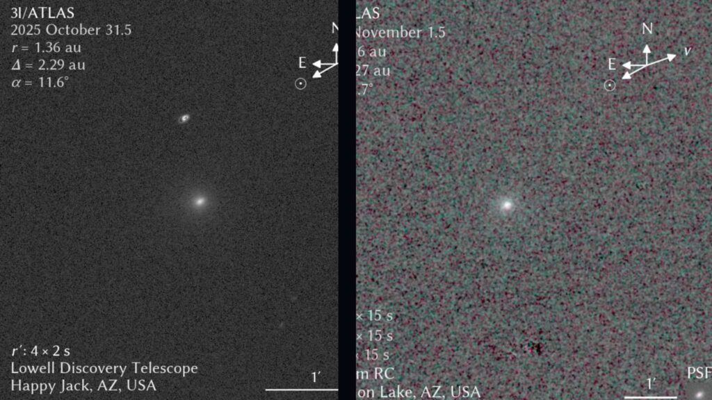 Cometa 3I/ATLAS aparece borrado no centro da imagem capturada em 1º de novembro de 2025 (Imagem: Qicheng Zhang/Observatório Lowell)
