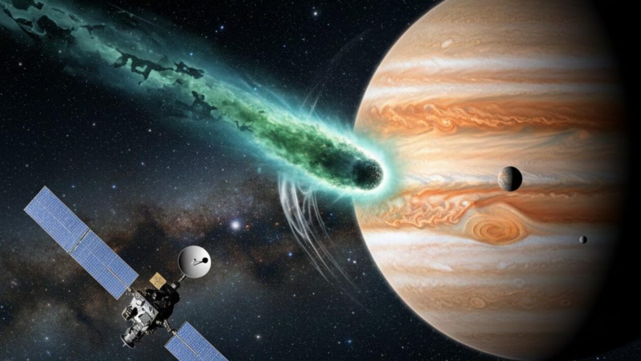Cometa 3I/ATLAS pode ter rota desviada por gigante do Sistema Solar (Imagem: Gerada por IA/ Gemini)