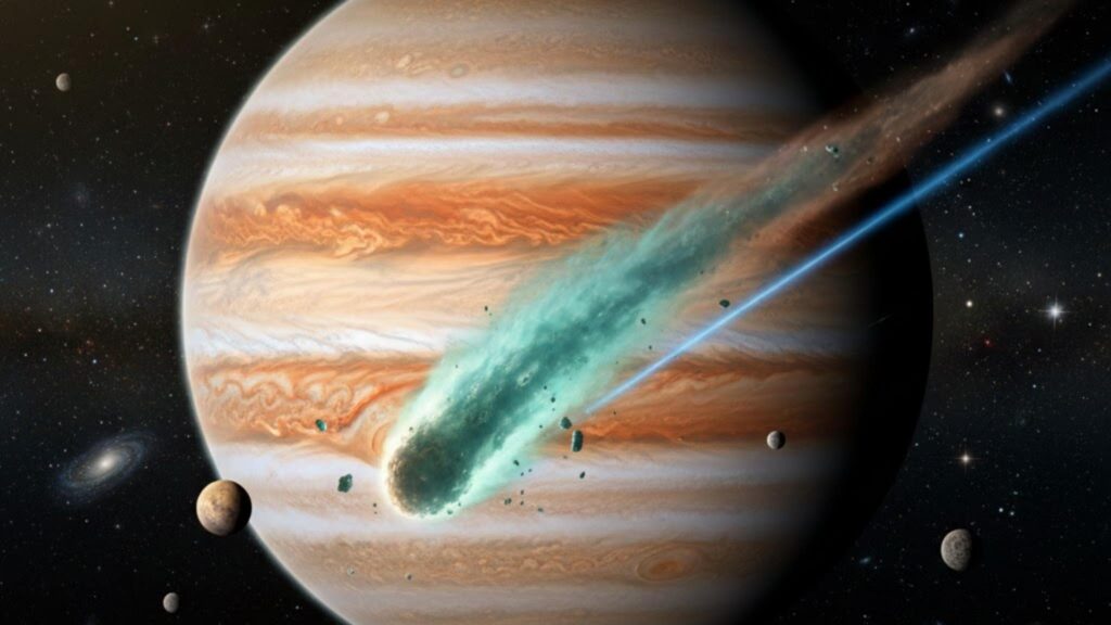 Visitante interestelar acelera rumo ao adeus após encontro com Júpiter (Imagem: Gerada por IA/ Gemini)