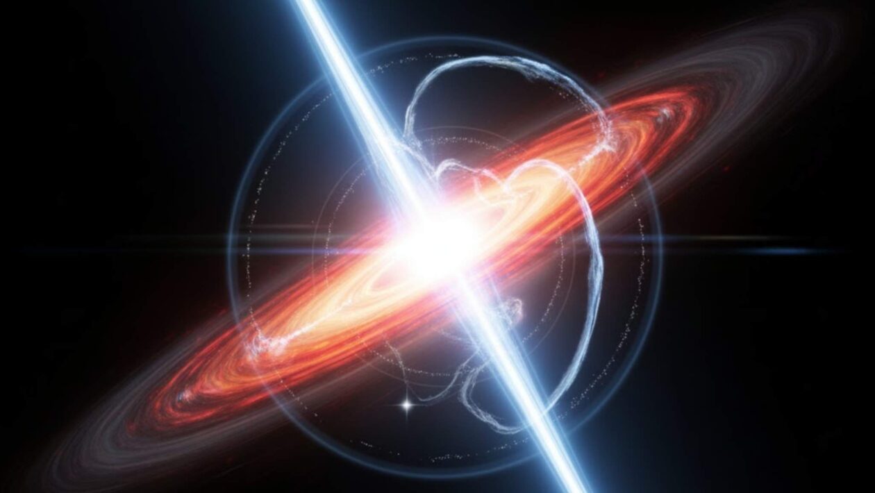 Blazar TXS 2013+370 libera explosão extrema de raios gama inédita (Imagem: Gerada por IA/ Gemini)