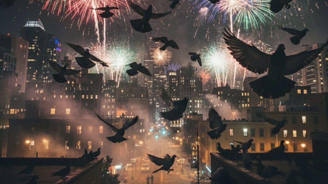 Fogos de artifício causam estresse e voo errático em aves urbanas (Imagem: Gerada por IA/ Gemini)